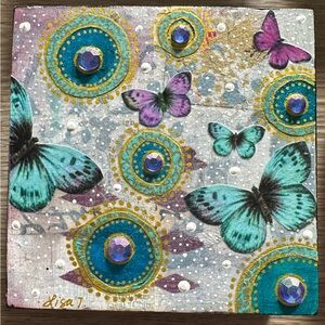 Butterflies on canvas mixed media one of a kind wall art 4” x 4”